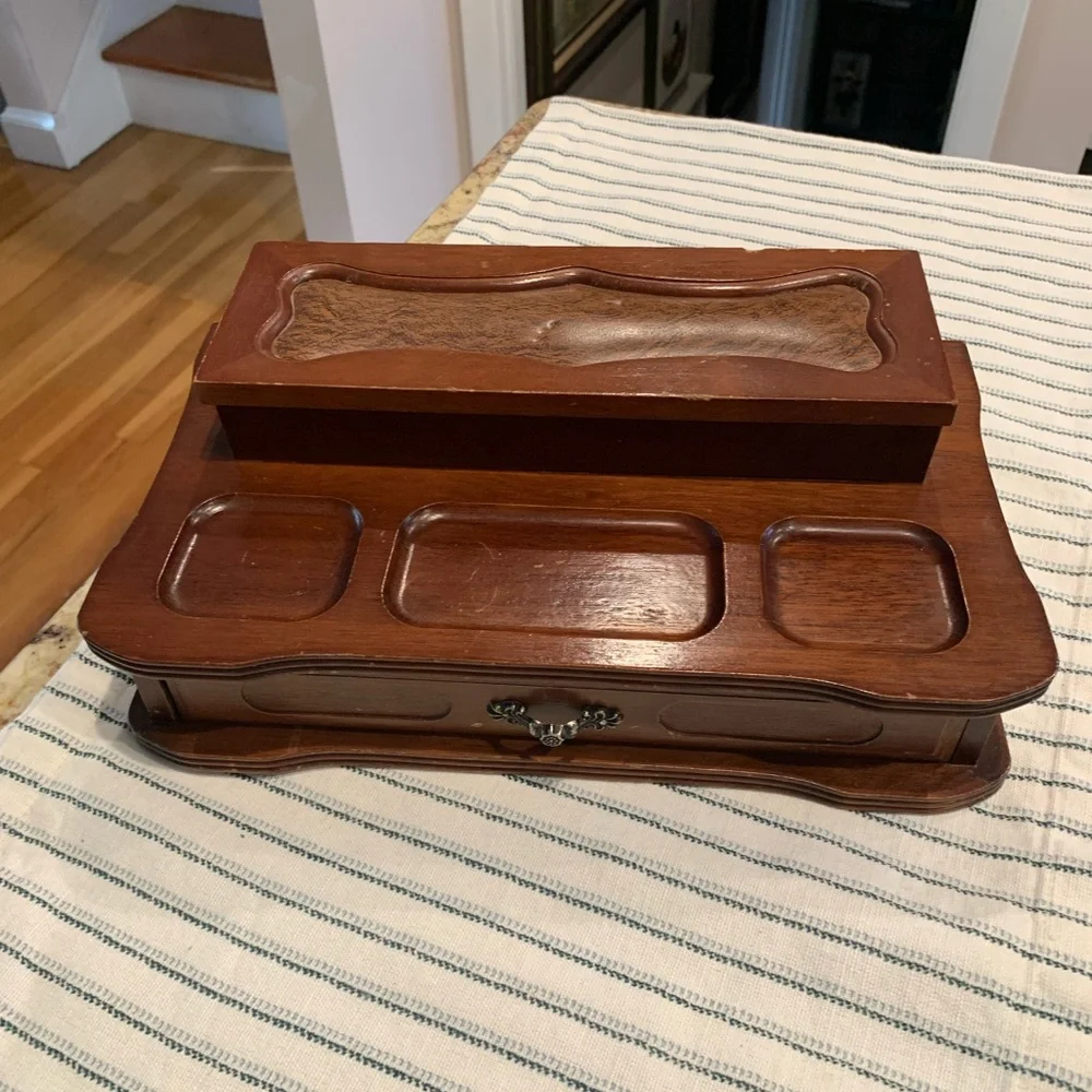 Vintage Solid Wood Leather Felt London 2-tiered Dresser Top Jewelry Box
